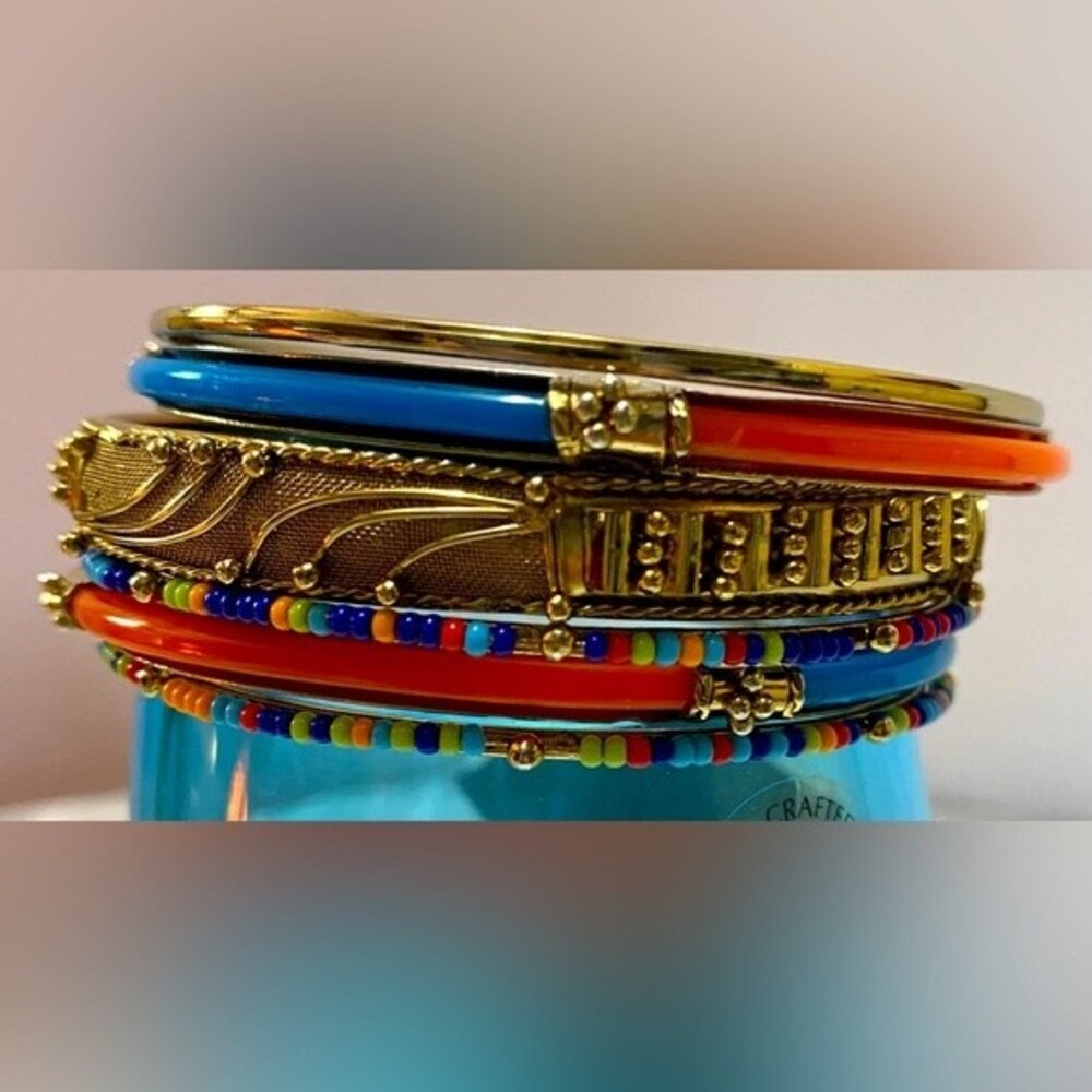 6 Goldstone & Multi Color Boho Bangle Bracelets Blue Orange Gold